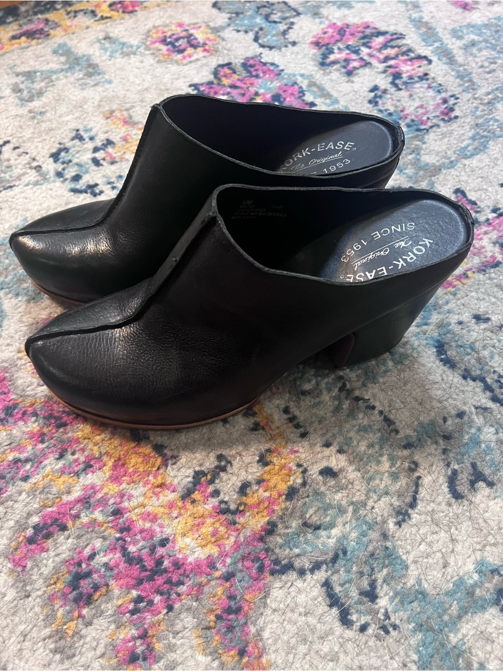 Kork-Ease Black Leather Block Heel Clogs with Brown Trim